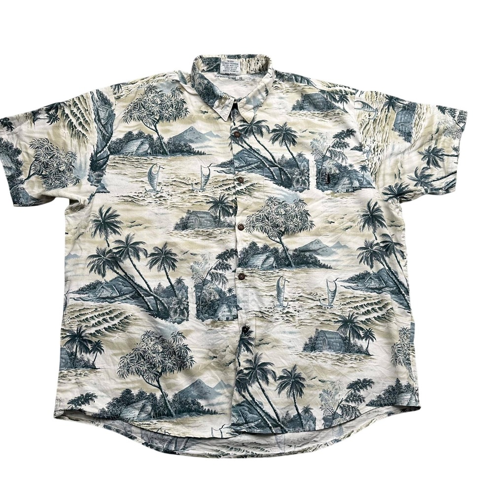 Vintage Hwy 1 Button Up Men 3XL Cream Tropical Palm Tree Hawaiian Shirt USA Made